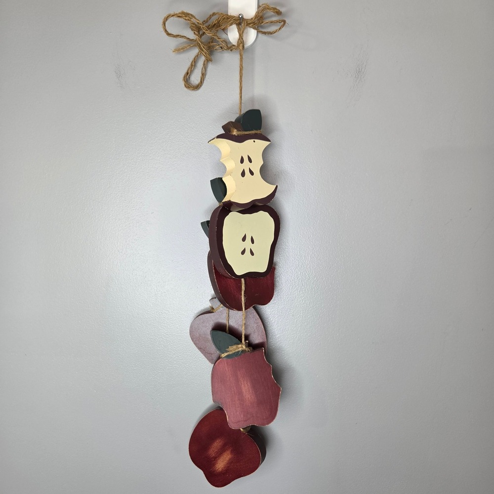 Primitive Rustic Wood Apple Wall Hanging Vertical Garland Farmhouse Kitchen Deco